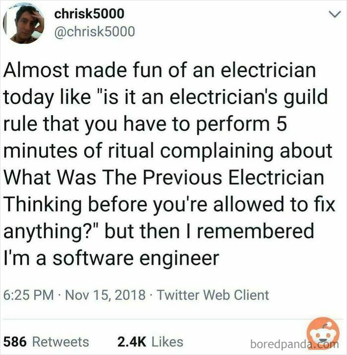 Tweet about software engineers relating to debugging struggles, highlighting a humorous comparison to electricians.