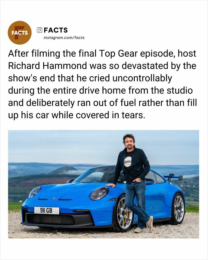 Host Richard Hammond standing by a blue sports car, sharing an emotional fact for daily brain-care and enlightenment.