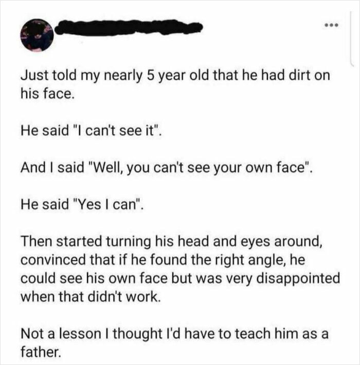 Parent kid conversation about seeing dirt on face showing humor in their DNA and playful misunderstanding.