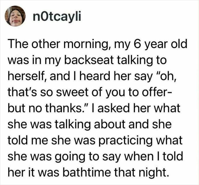Parent-kid conversation where a 6-year-old practices funny lines about bathtime showing humor in their DNA.