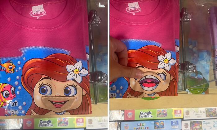 Pink children's t-shirt with a cartoon mermaid and a misplaced mouth graphic creating a funny design fail.