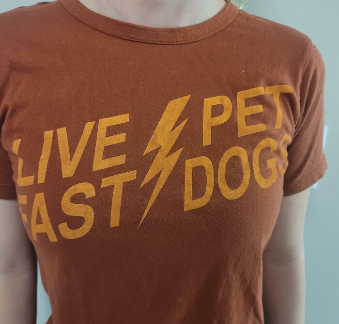 Hilariously bad t-shirt design with a confusing message live fast pet dogs in orange text on a rust-colored shirt.