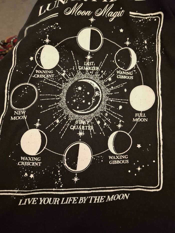 Black t-shirt with a white moon phase design and text showing different moon stages, a humorously bad t-shirt design.