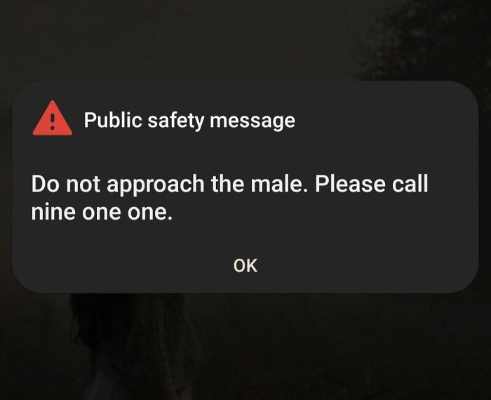 Public safety alert warns not to approach male, urging to call emergency number in unsettling mysteries context.