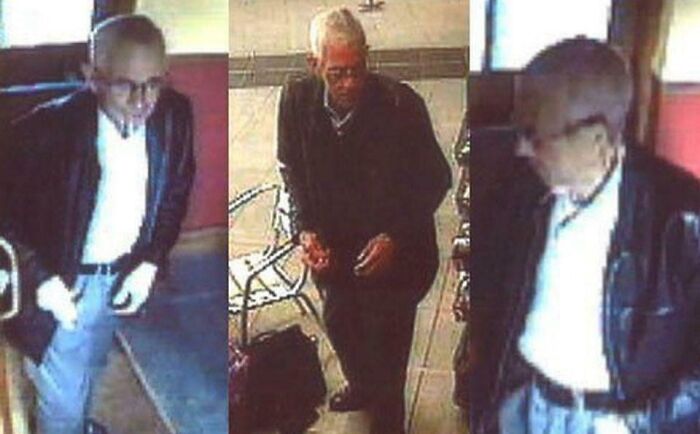 Three surveillance images of an elderly man wearing glasses and a black jacket, related to unsettling mysteries that fascinate.