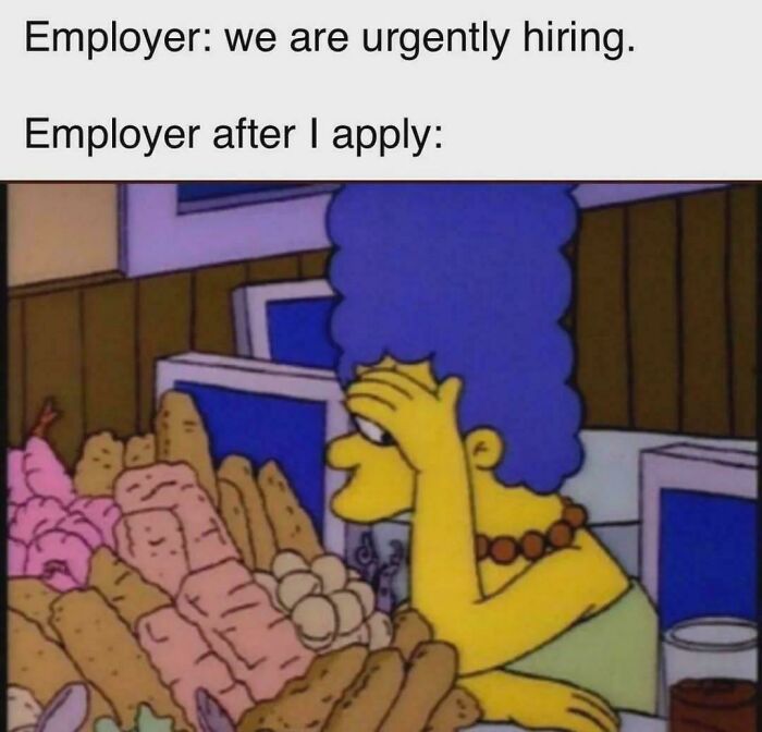 Marge Simpson overwhelmed by job applications after applying for a new job, illustrating recruiting struggles.
