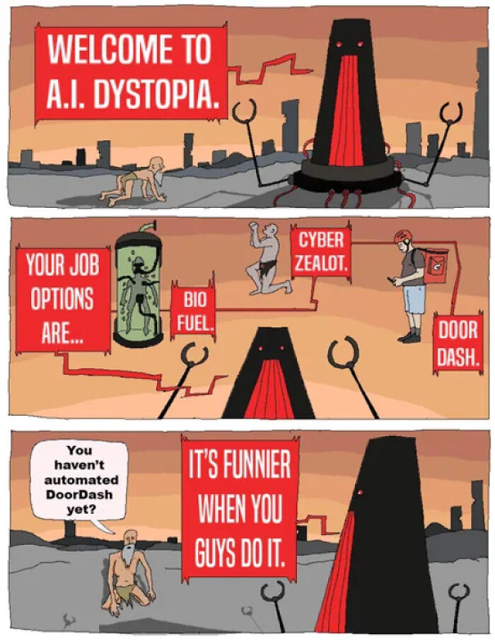 A comic strip about job options in an A.I. dystopia, portraying the challenging new job landscape.