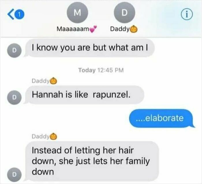 Text message exchange showing a humorous parent-kid conversation with a pun about Rapunzel and family humor.