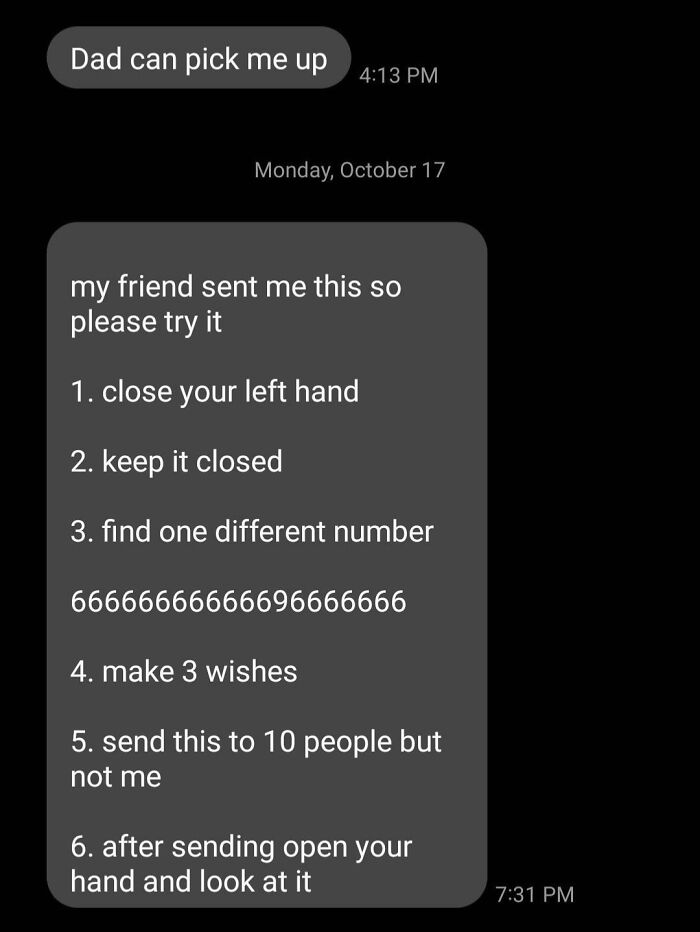 Text message exchange showing a humorous parent-kid conversation involving a playful number and wish game.