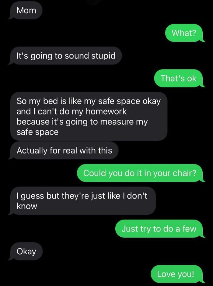 Parent-kid humorous text conversation about homework and safe space, showcasing witty and funny family interaction.