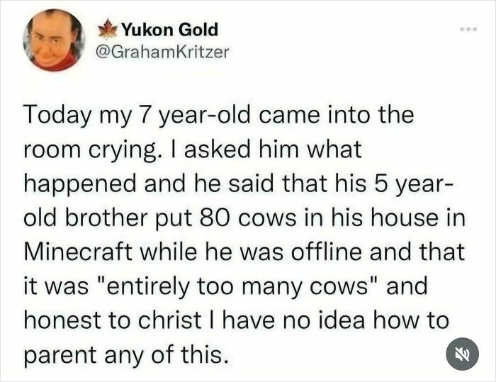 Parent-kid conversation where a 7-year-old is upset about 80 Minecraft cows placed by his brother, showing family humor.