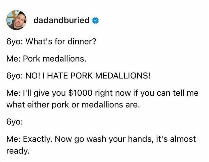 Parent-kid conversation showing humorous misunderstanding about pork medallions and kids' funny responses.