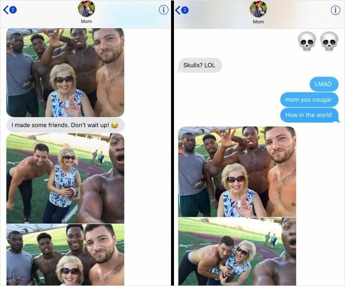 Funny parent-kid text exchange with photos showing a mom joking with young men, highlighting humor in family conversations.