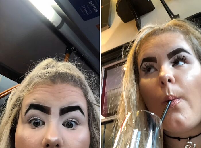 Close-up of a woman with crazy eyebrows that seem to live their own lives on her face in two different settings.