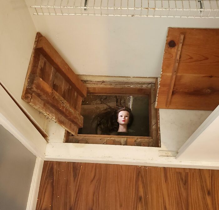 Mannequin head with long hair staring from open floor hatch, creating creepy and weird photo with heebie-jeebies effect.