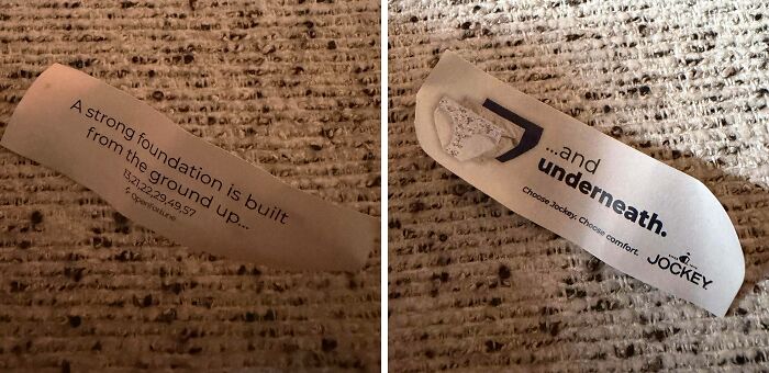 Two fortune cookie messages on a carpet, featuring funny pieces of advice and a Jockey brand underwear ad.