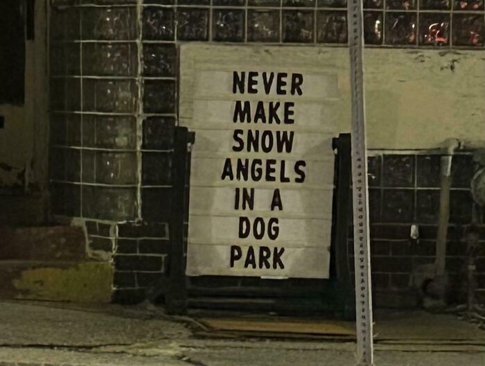 Funny pieces of advice displayed on a signboard warning against making snow angels in a dog park at night