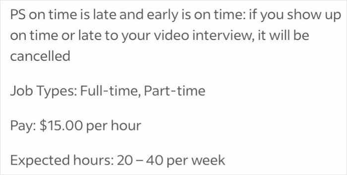 Job listing details showing pay rate $15 per hour for full-time and part-time with expected 20-40 weekly hours in workplace context