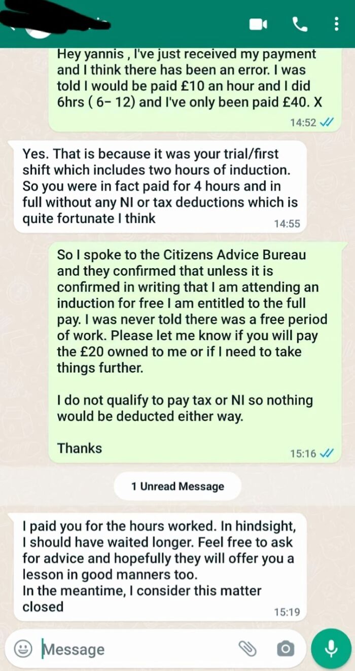 WhatsApp conversation showing a worker disputing pay for hours worked, highlighting issues in the modern workplace raise debate.
