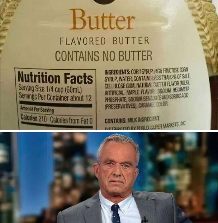 Butter container label stating flavored butter contains no butter, paired with a man showing a confused expression, food memes.