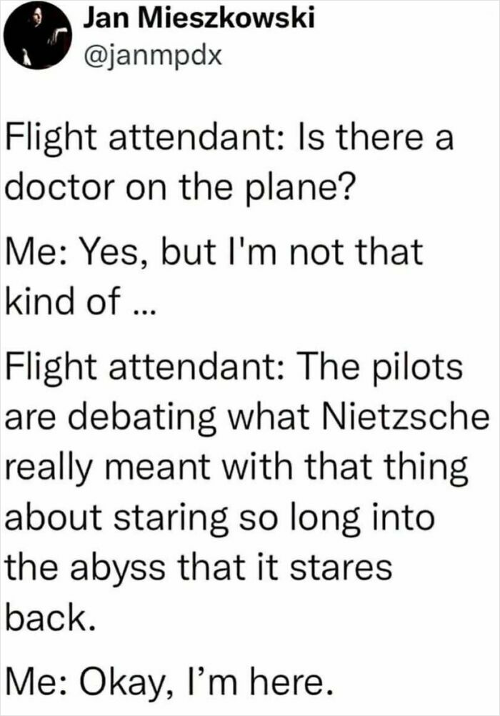 Philosophy meme featuring a conversation about Nietzsche’s abyss, blending existential dread with humor.