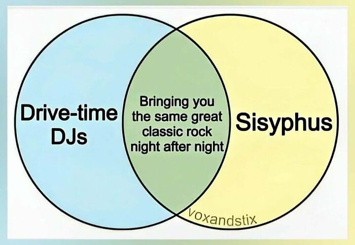 Venn diagram humor comparing drive-time DJs and Sisyphus bringing the same classic rock night after night philosophy meme.