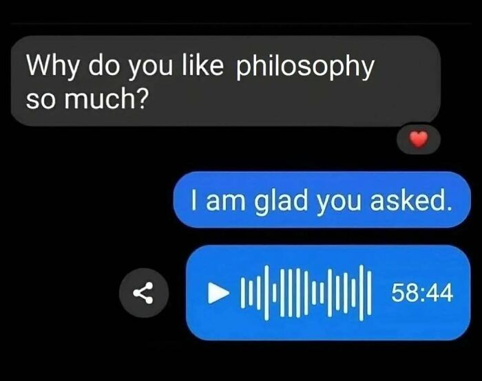 Text message conversation about liking philosophy with an audio message attached in a chat interface, philosophy memes theme.