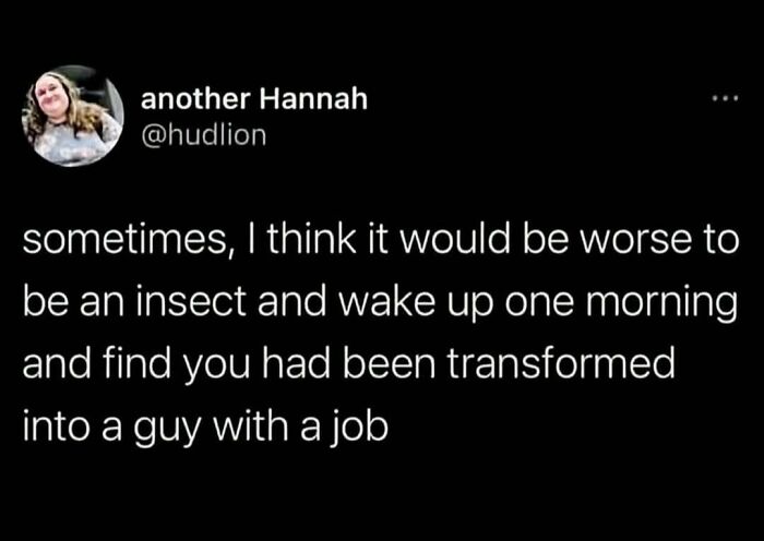 Philosophy meme text about existential dread comparing being an insect transformed into a guy with a job.