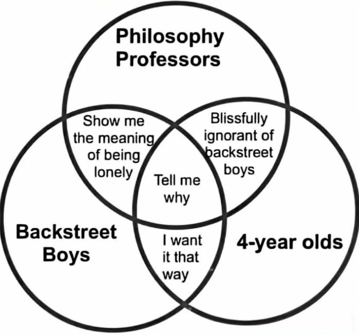 Venn diagram humor combining philosophy professors, Backstreet Boys, and 4-year-olds with funny overlapping phrases.