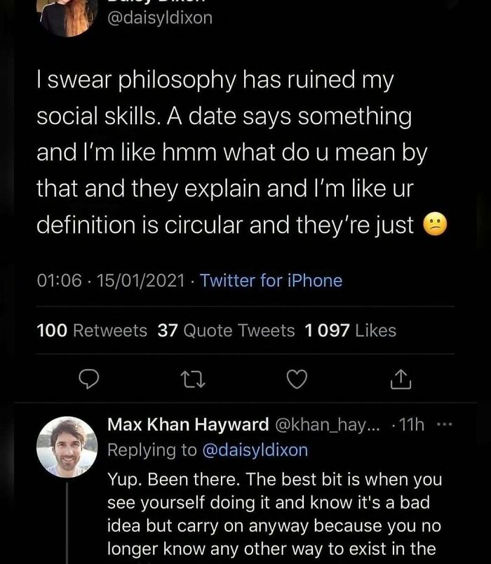 Tweet exchange about philosophy ruining social skills with circular definitions, part of philosophy memes for chuckles.