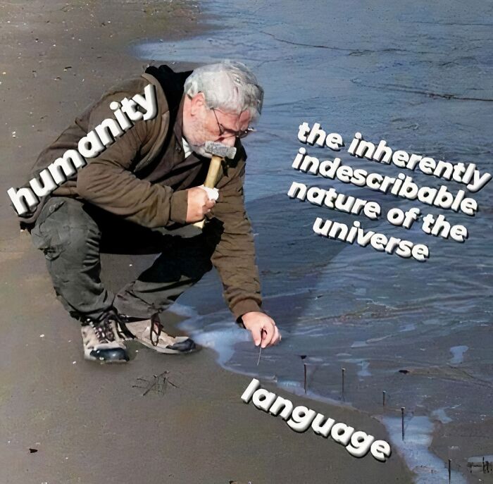 Man labeled humanity using a hammer to nail language into the inherently indescribable nature of the universe philosophy meme.