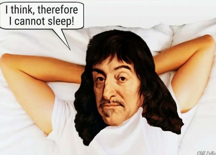 Philosophy meme showing a man awake in bed with a speech bubble saying I think, therefore I cannot sleep.
