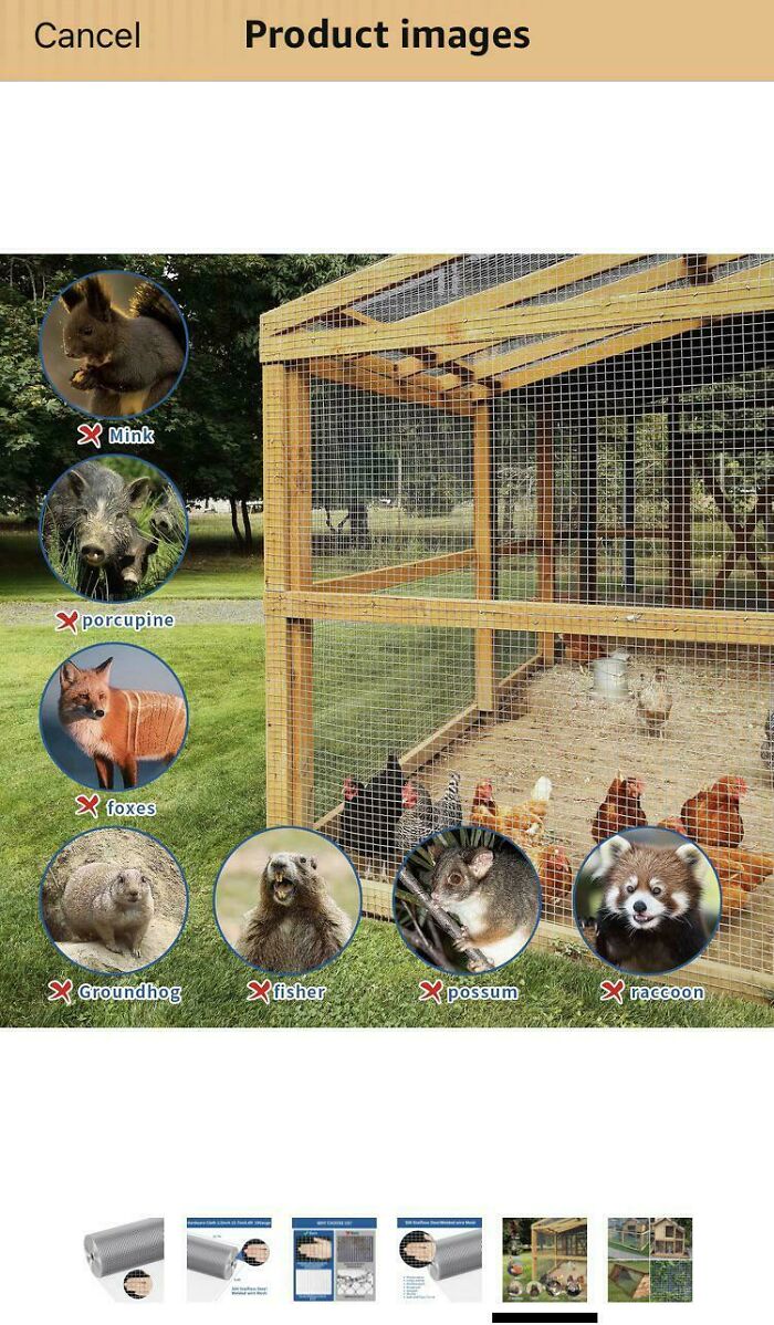 A product image of an animal cage, with red crosses over various predators, demonstrating a funny you had one job fail.