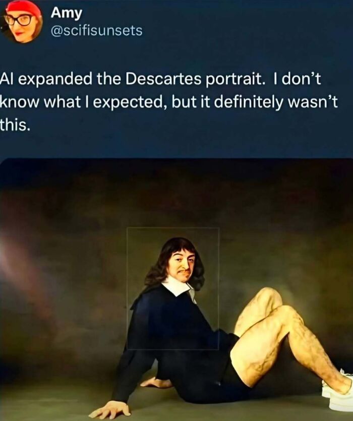 Philosophy meme showing AI-expanded Descartes portrait with humorous modernized body and casual sneakers.