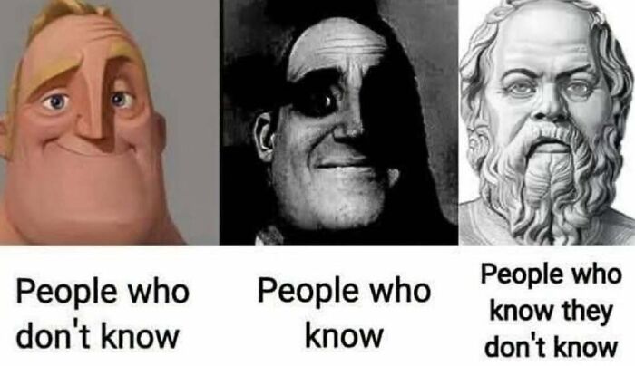 Three-panel philosophy meme showing different faces representing people who don't know, people who know, and people who know they don't know.