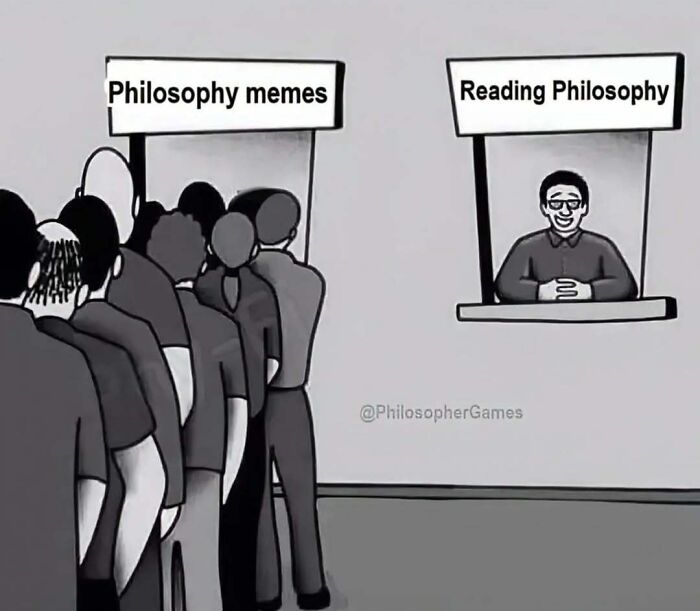 Line of people waiting at a philosophy memes booth while one person reads philosophy at a separate stand.
