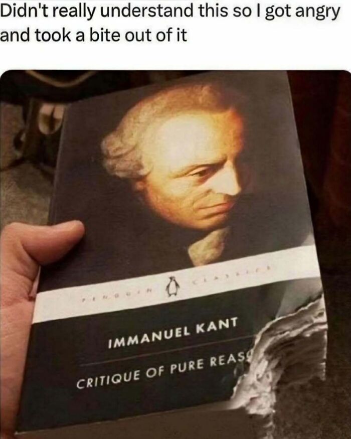 Hand holding a philosophy book with a bite taken out of the corner, humorously referencing philosophy memes.