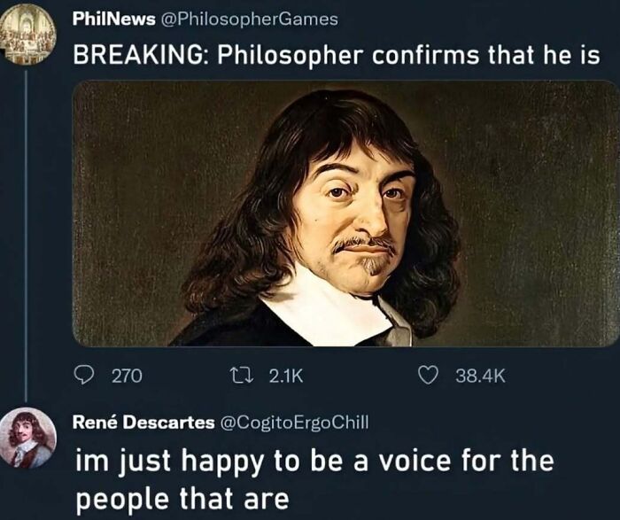 Social media meme featuring philosopher René Descartes with humorous text about philosophy memes and existential dread.