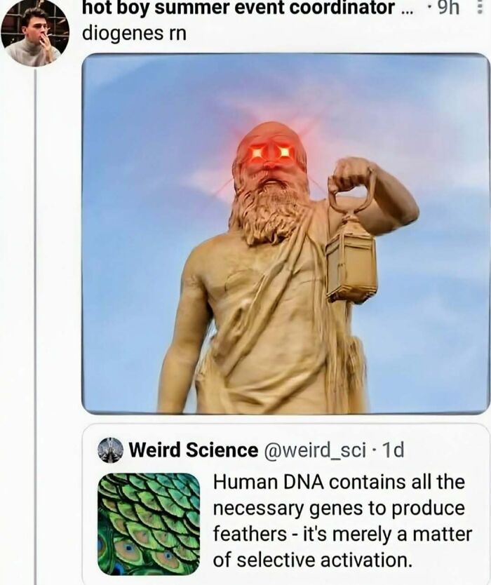 Statue of Diogenes with glowing red eyes holding a lantern, paired with a tweet about human DNA and selective activation, philosophy meme.
