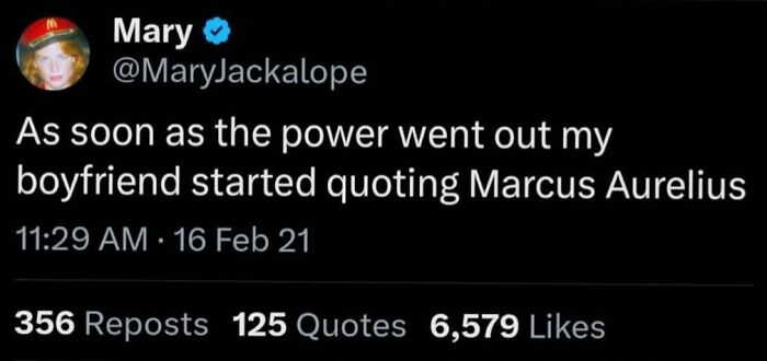 Tweet about boyfriend quoting Marcus Aurelius when power went out, reflecting humor in philosophy memes and existential dread relief.