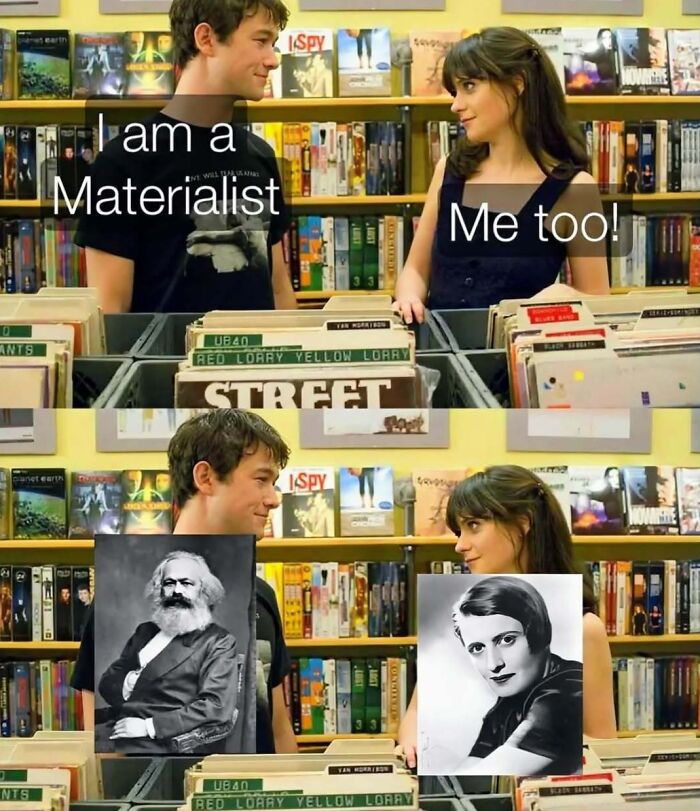 Two people in a record store joking about being materialists with images of philosophers Karl Marx and Ayn Rand.