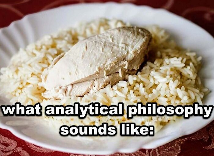 Plain chicken breast on a plate of rice representing analytical philosophy in a humor meme about philosophy memes.