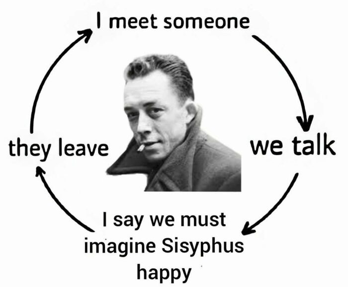 Black and white philosophy meme with a man's portrait and cyclical text about meeting, talking, and leaving using philosophical references.