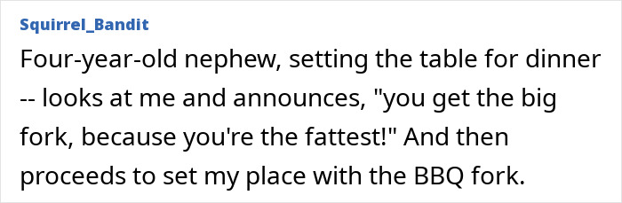 Text post showing a funny kid roast where a four-year-old calls an adult the fattest while setting the table.