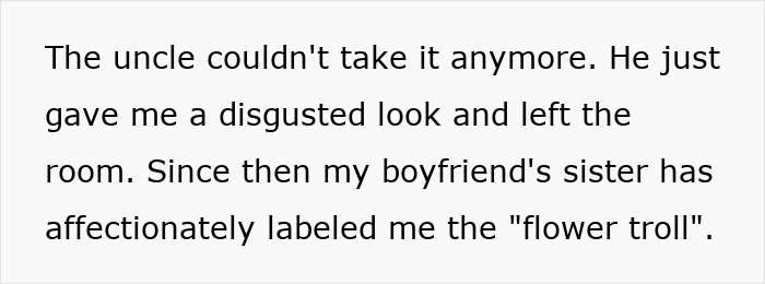 Text excerpt discussing a sexist uncle's reaction after someone gave boyfriend flowers, highlighting family tension and labels.