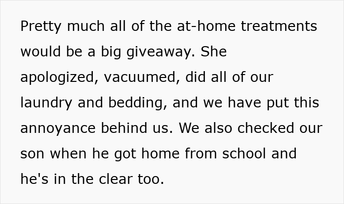 Text excerpt describing the resolution of a lice treatment issue after months, highlighting family efforts and successful clearance.