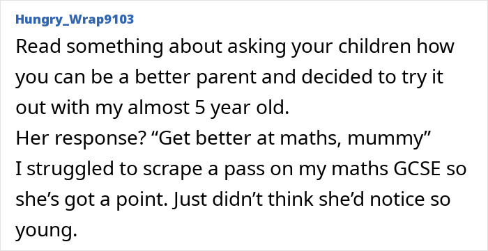 Text post showing a parent sharing a funny no filter kid roast about improving at maths, a grown-up accidentally roasted by kids.