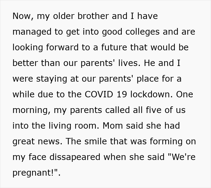 Text excerpt about parents announcing a sixth baby during COVID-19 lockdown, impacting teen daughter&rsquo;s education.