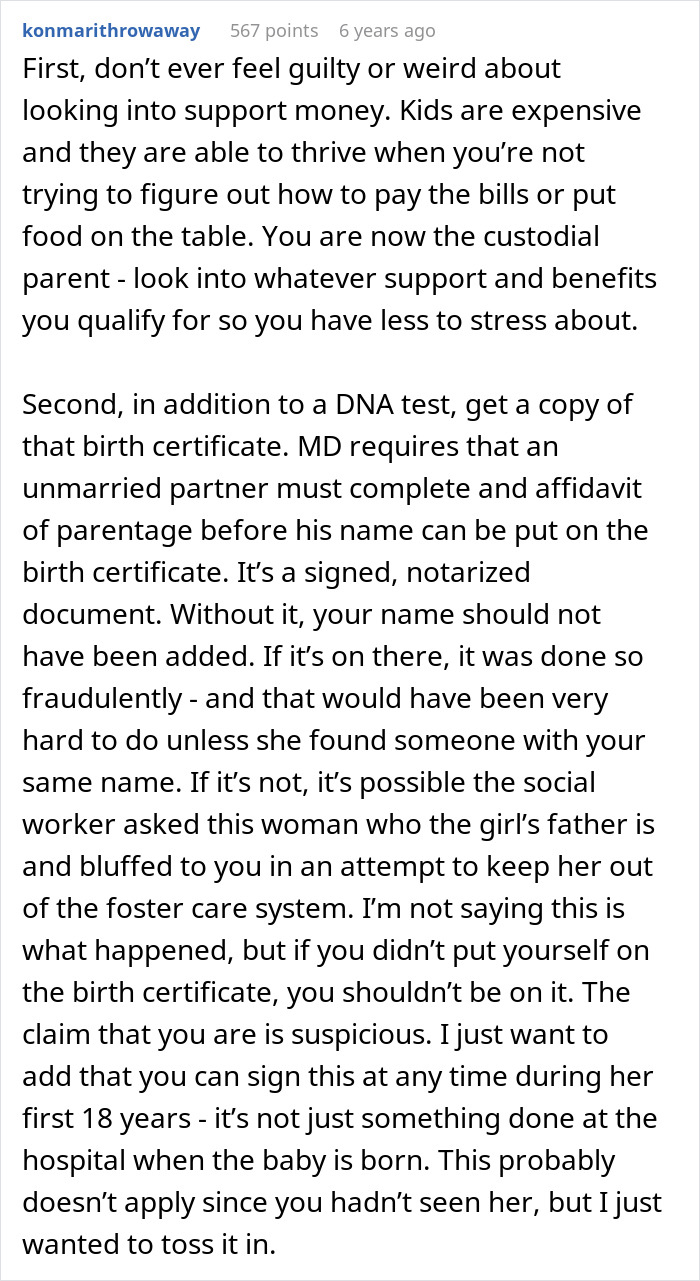 Screenshot of detailed advice on legal fatherhood and support from a user discussing child services and parentage documents. Screenshot of detailed advice on legal fatherhood and support from a user discussing child services and parentage documents.