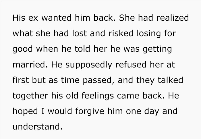 Text excerpt describing a man&rsquo;s deep regret after ditching fianc&eacute;e to chase the one that got away.